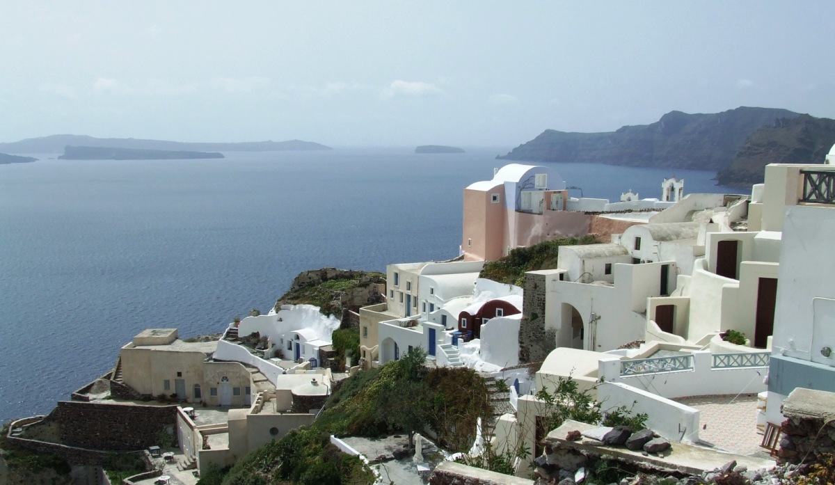 Caldera de Santorini con los islotes de Aspronisi, Therasia y Palea Kameni